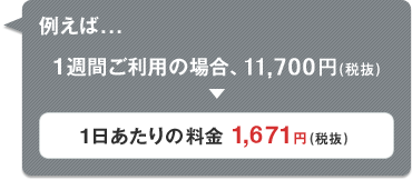 例えば...　１週間ご利用の場合、12,285円(税込) &rArr; 1日あたりの料金 1,755円(税込)