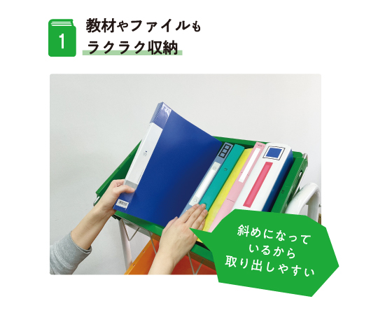 1.教材やファイルもラクラク収納　斜めになっているから取り出しやすい